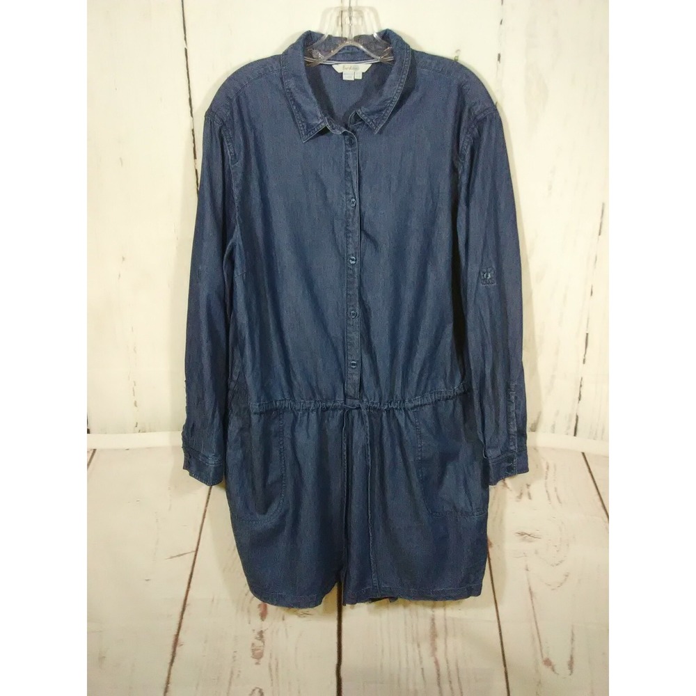 Boden Denim Shorts Romper Womens 18 Blue Chambray Roll Tab Sleeve Casual